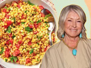 A split image of Martha Stewart and a bowl of corn salad