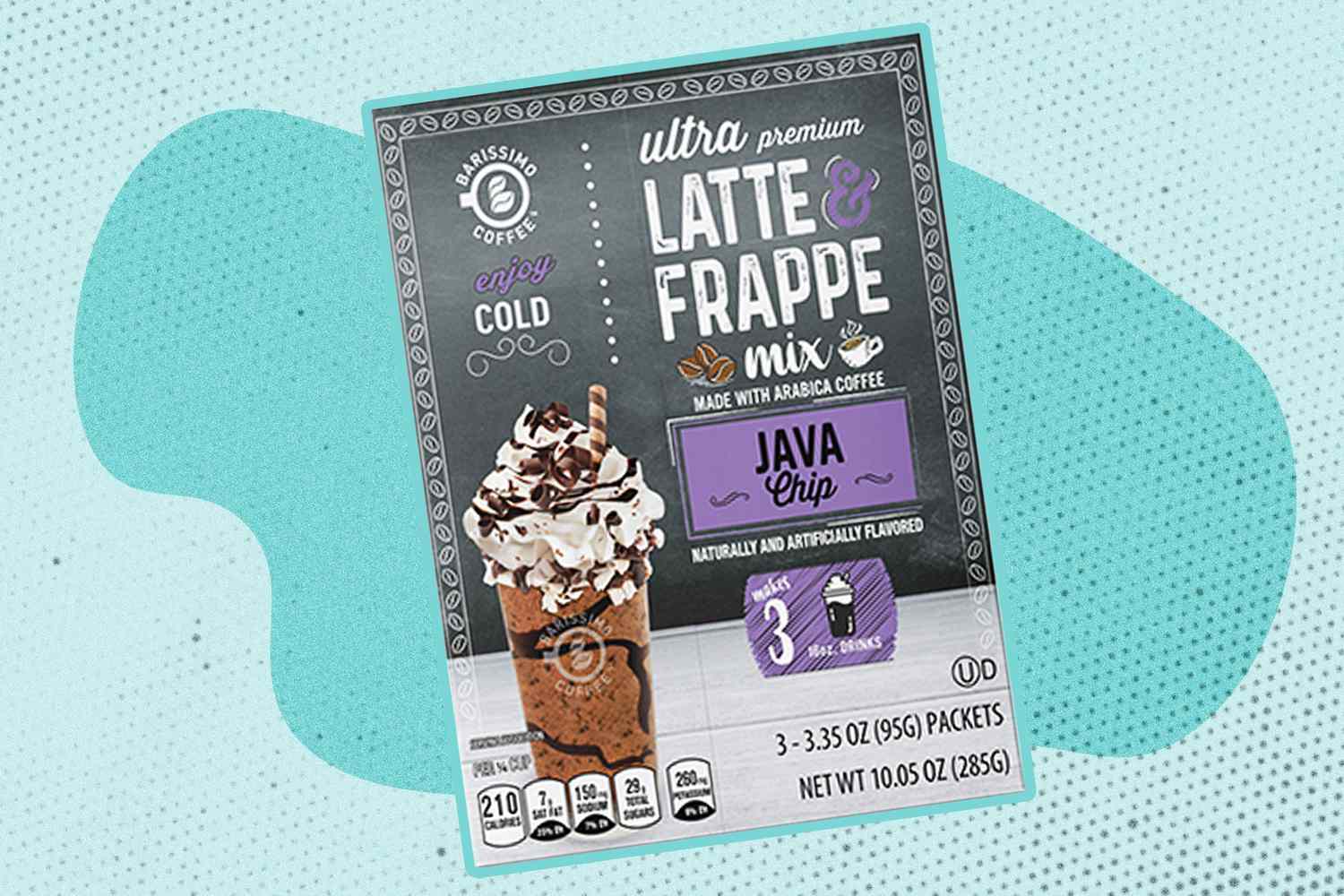 Barissmo Coffee Ultra Premium Latte Frappe Mix box over a colorful background
