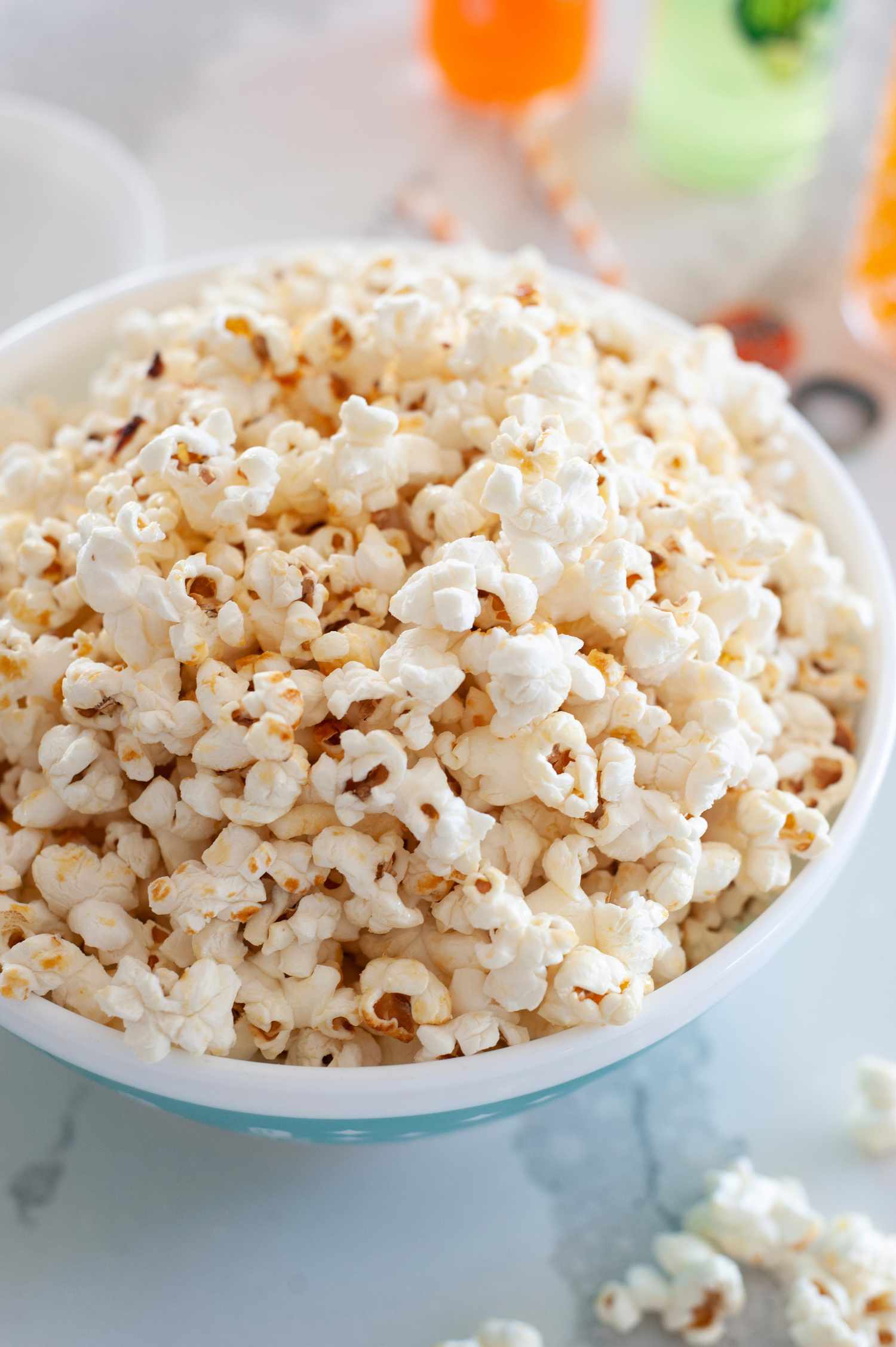 Overhead view of a big bowl of homemade kettle corn.