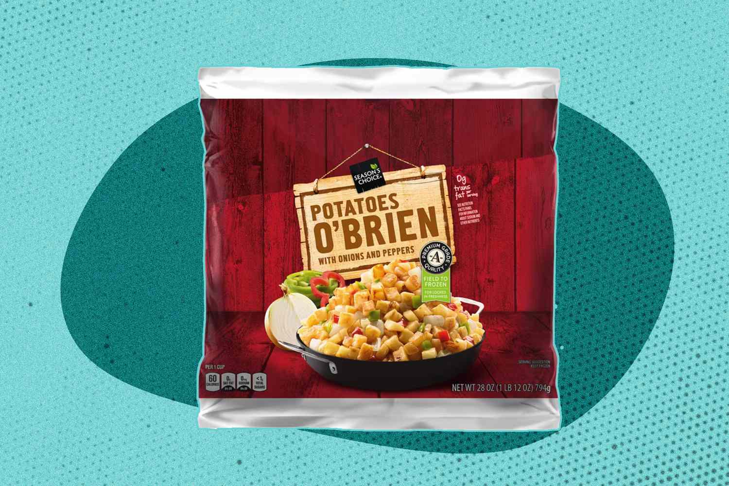 A bag of Season's Choice potato o'brien frozen potatoes on a blue background