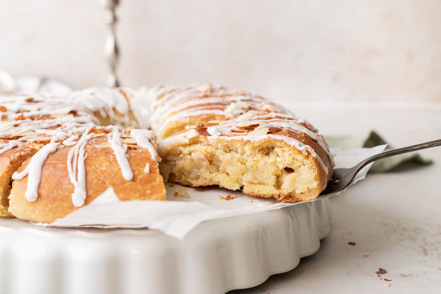 Side view of a slice of Danish kringle (smørkringle).