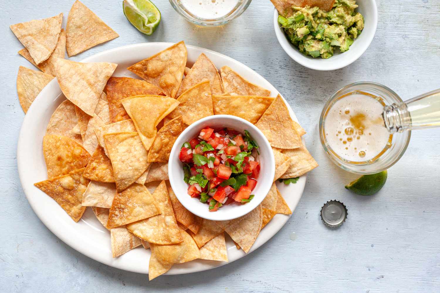 Overhead of a plate of tortilla chips.