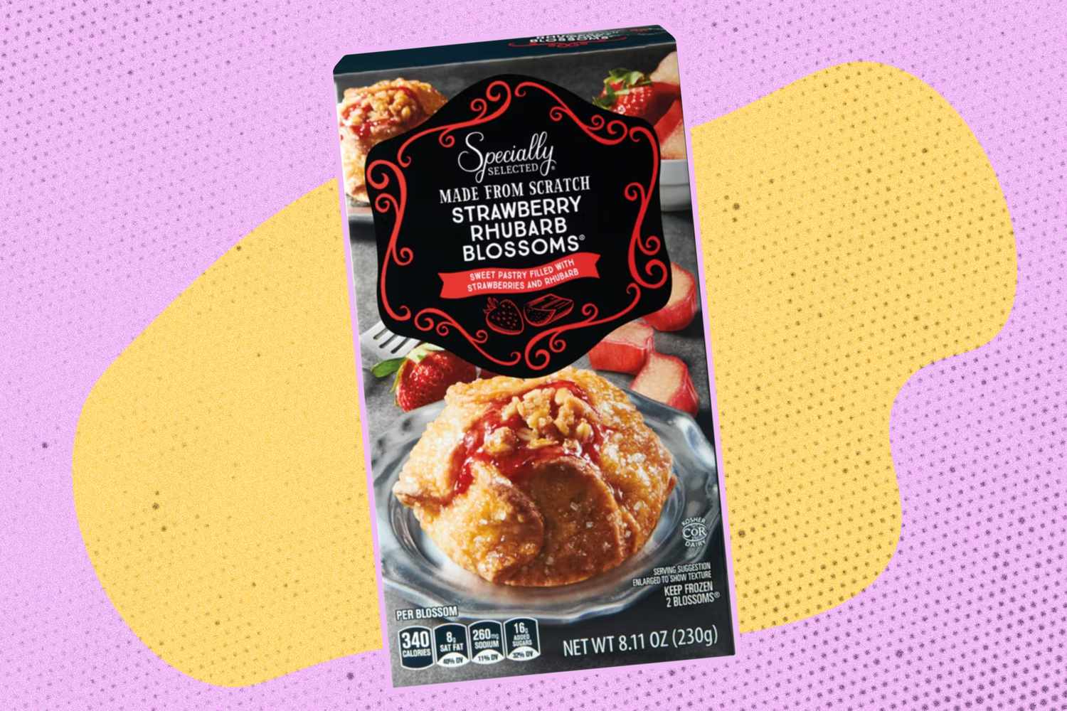 Package of Strawberry Rhubarb Blossoms dessert against a decorative background
