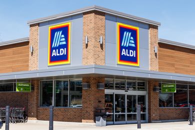 The front of an Aldi store featuring its recognizable signage