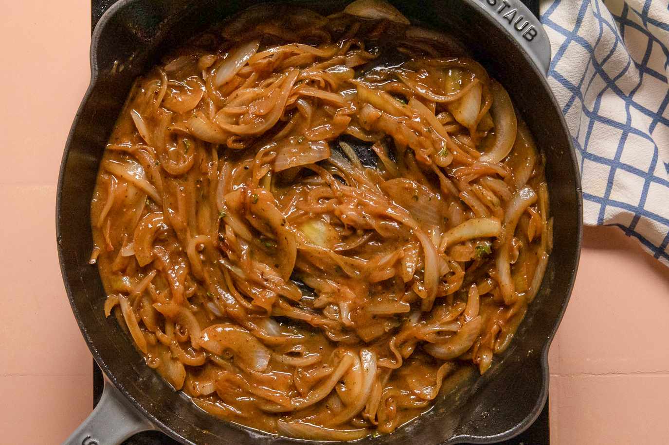 creamy caramelized onions in a skillet for french onion chicken recipe