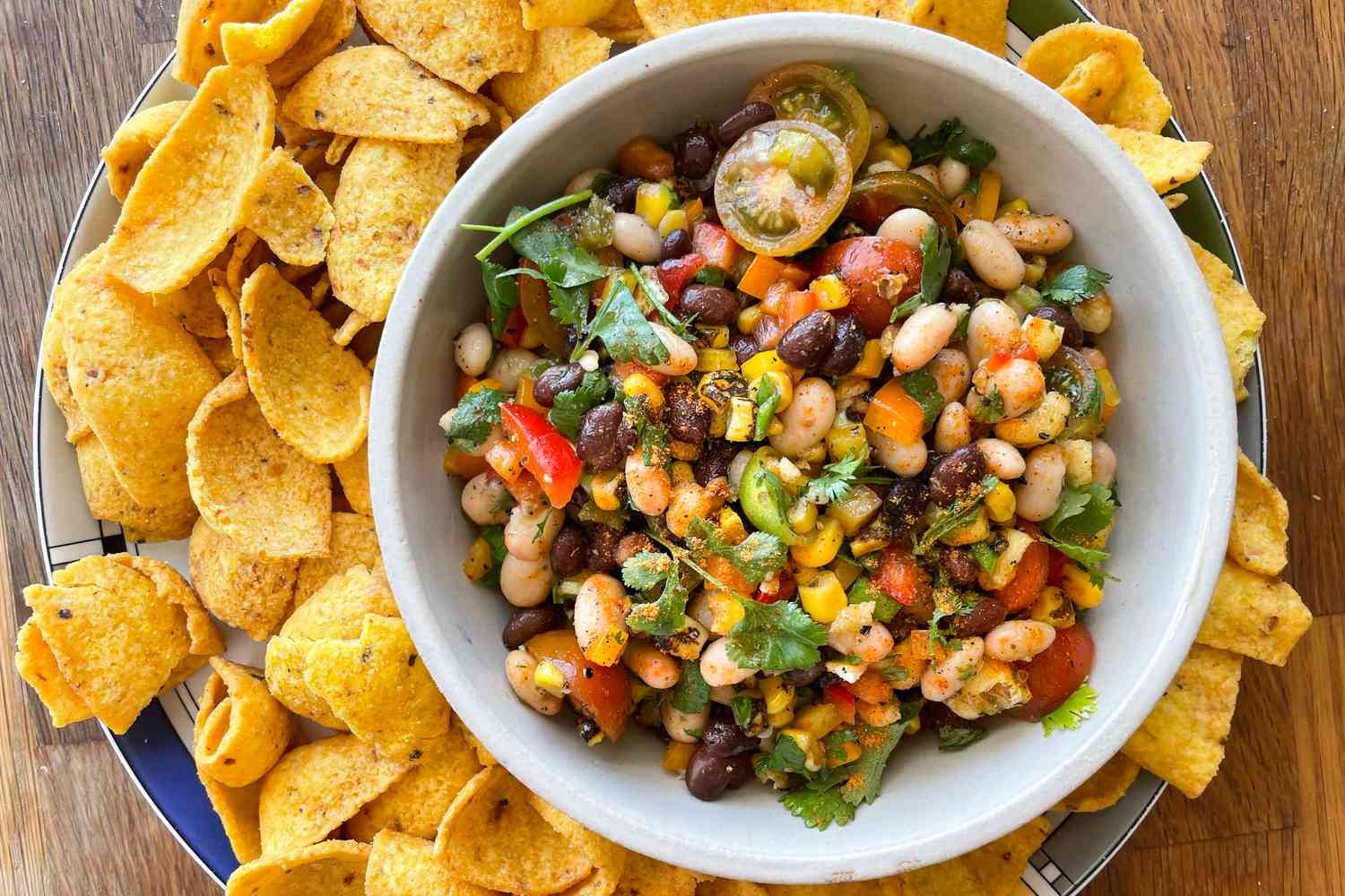 Trader Joe’s Homemade Cowboy Caviar in a Bowl Surrounded by Chips