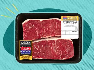 steak in it's packaging over a colorful graphic