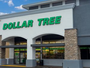Exterior view of a Dollar Tree store with its logo displayed on the facade