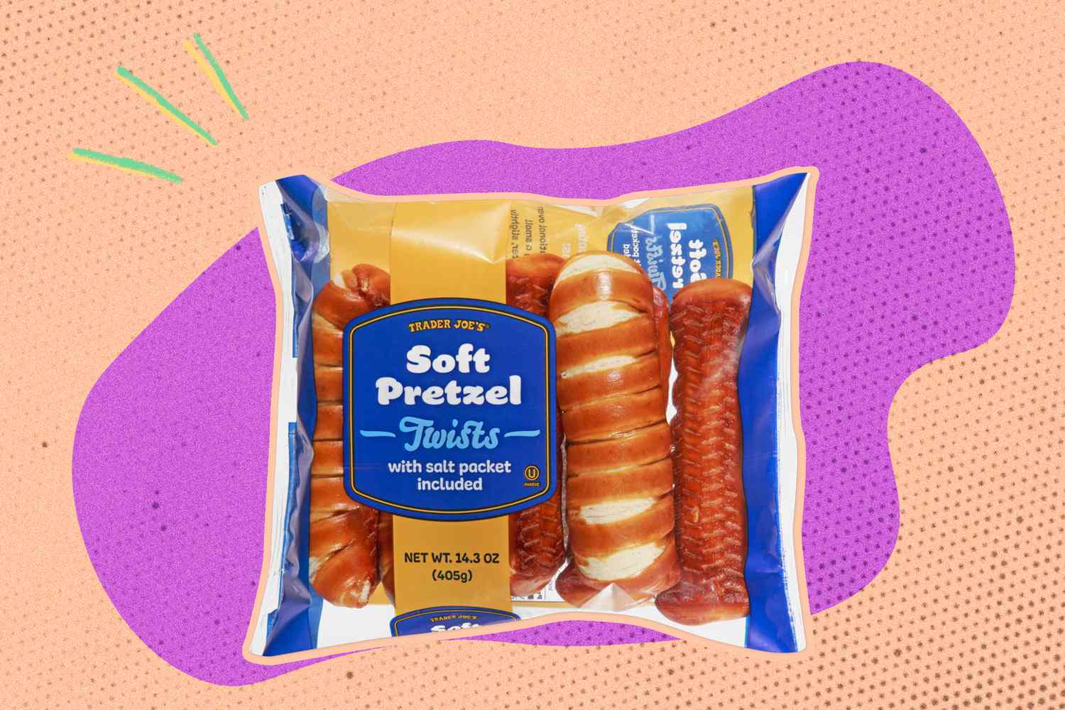 A bag of Trader Joe's soft pretzel twists on an illustrated background