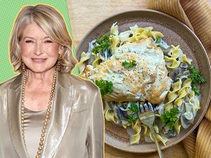 A split image of Martha Stewart and a plate of creamy mushroom egg noodles with chicken