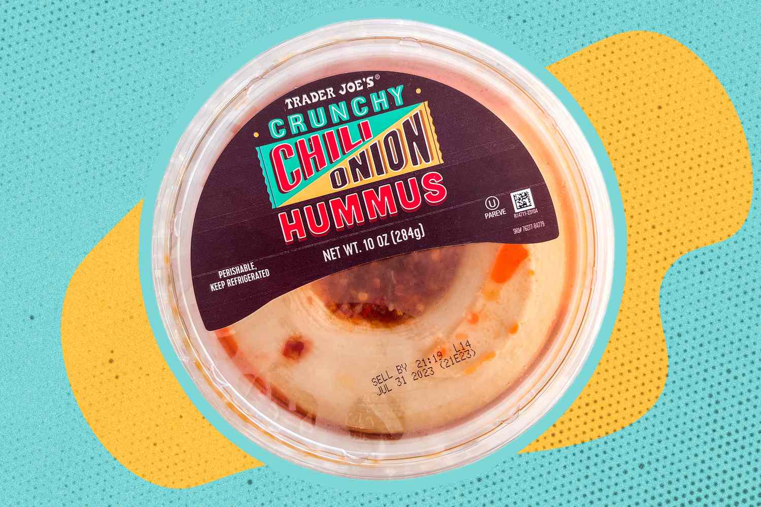 Trader Joe's Crunchy Chili Onion Hummus on a yellow and blue blob background