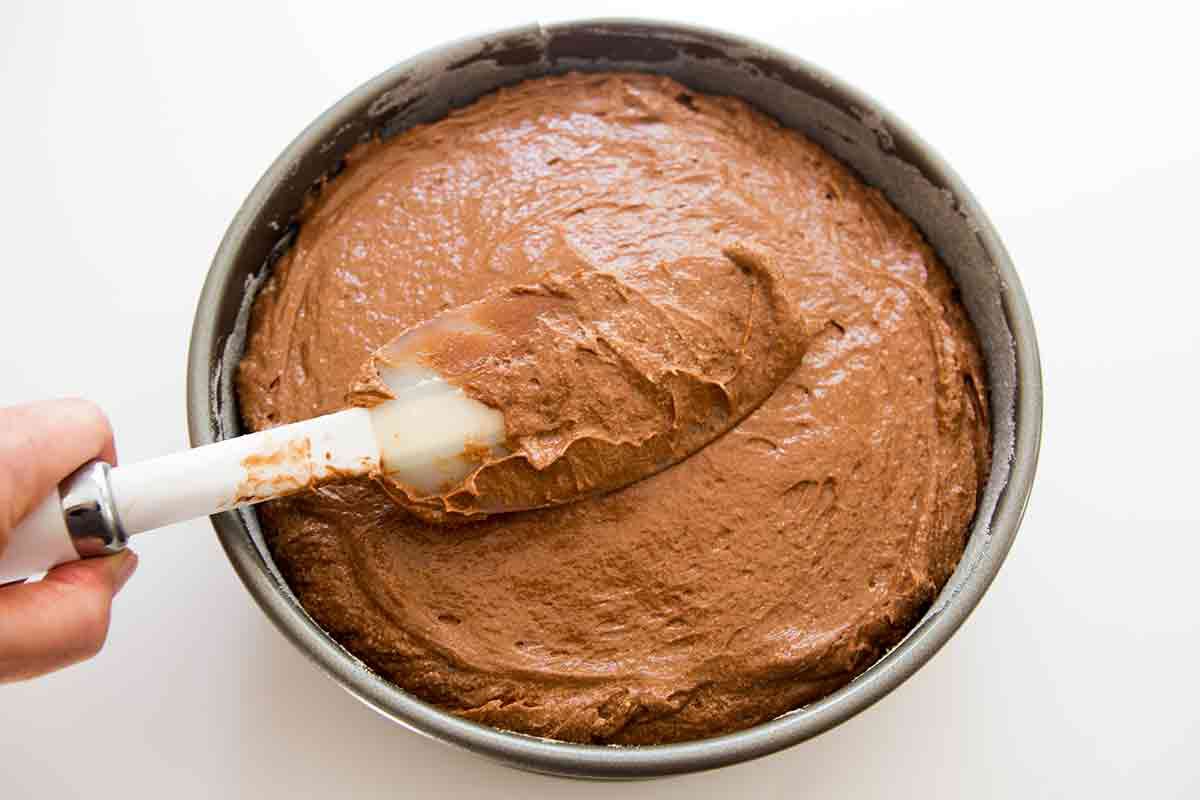 chocolate cake batter added to a springform pan