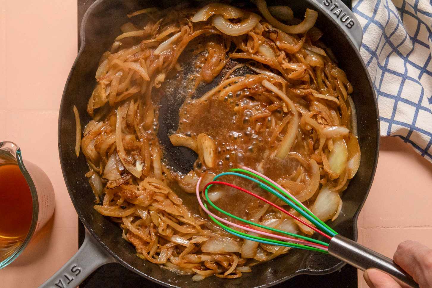 beef broth whisked into the skillet with the caramelized onions and roux for french onion chicken recipe
