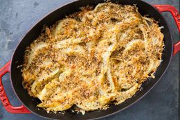 Fennel Gratin in an Oval Shaped Cast Iron Skillet 
