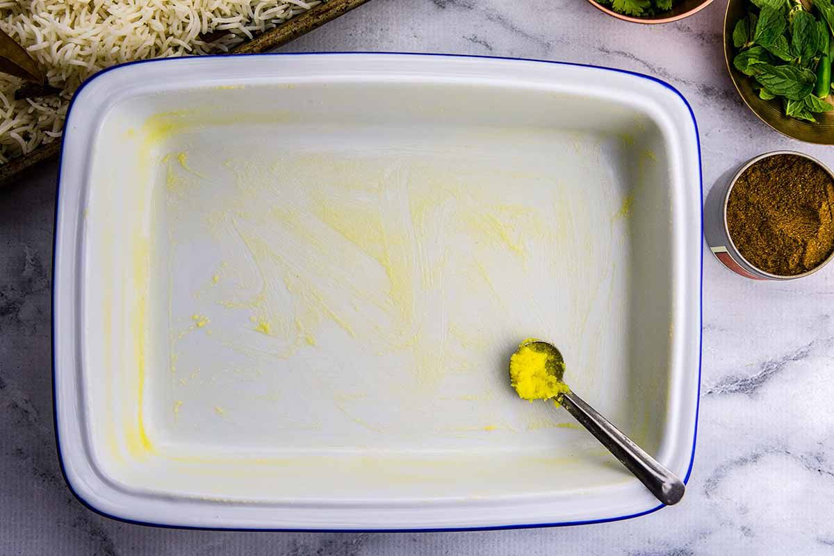Easy Biryani with Chicken line the pan with ghee