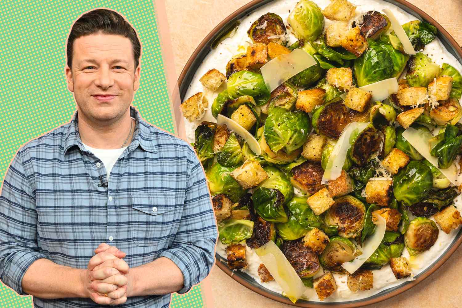 Jamie Oliver next to a plate of crispy charred Brussel sprouts with bread cubes and shaved cheese