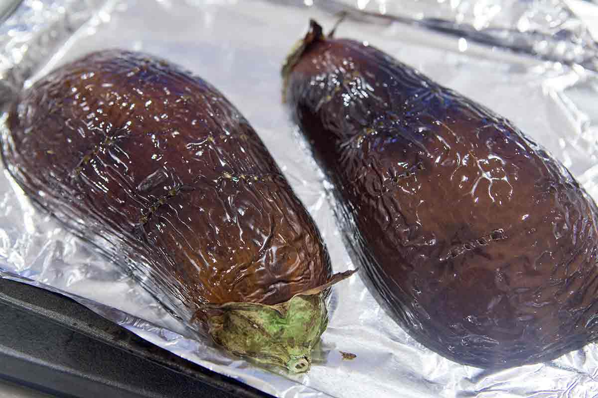 roast eggplant halves for baba ganoush