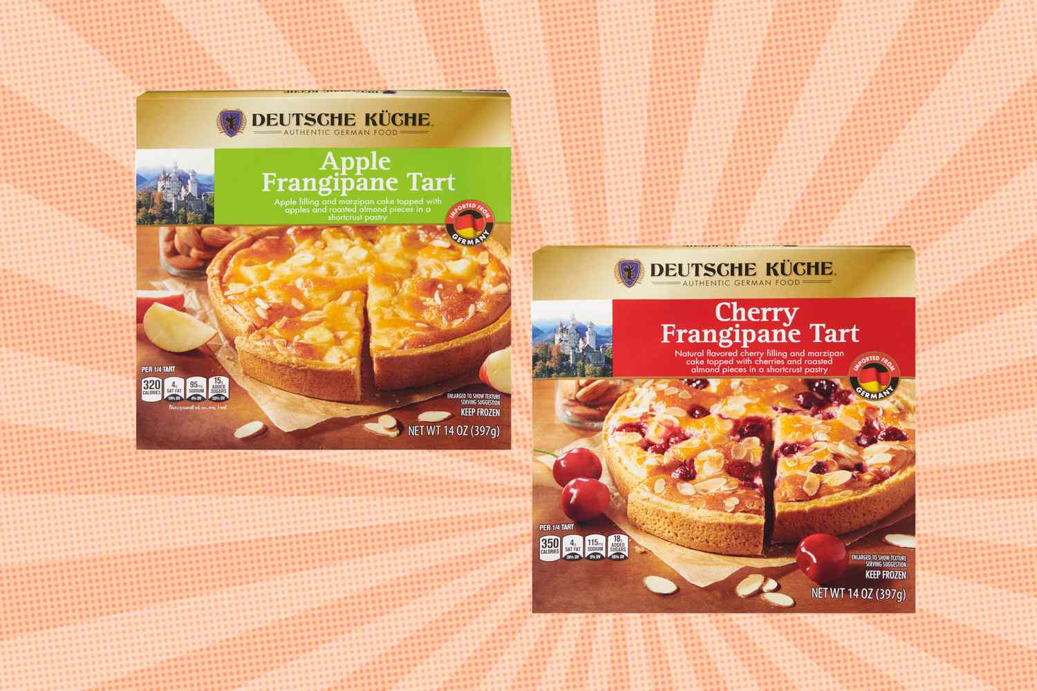 Deutsche Kche Apple and Cherry Frangipane Tarts in their packaging with a stylized background