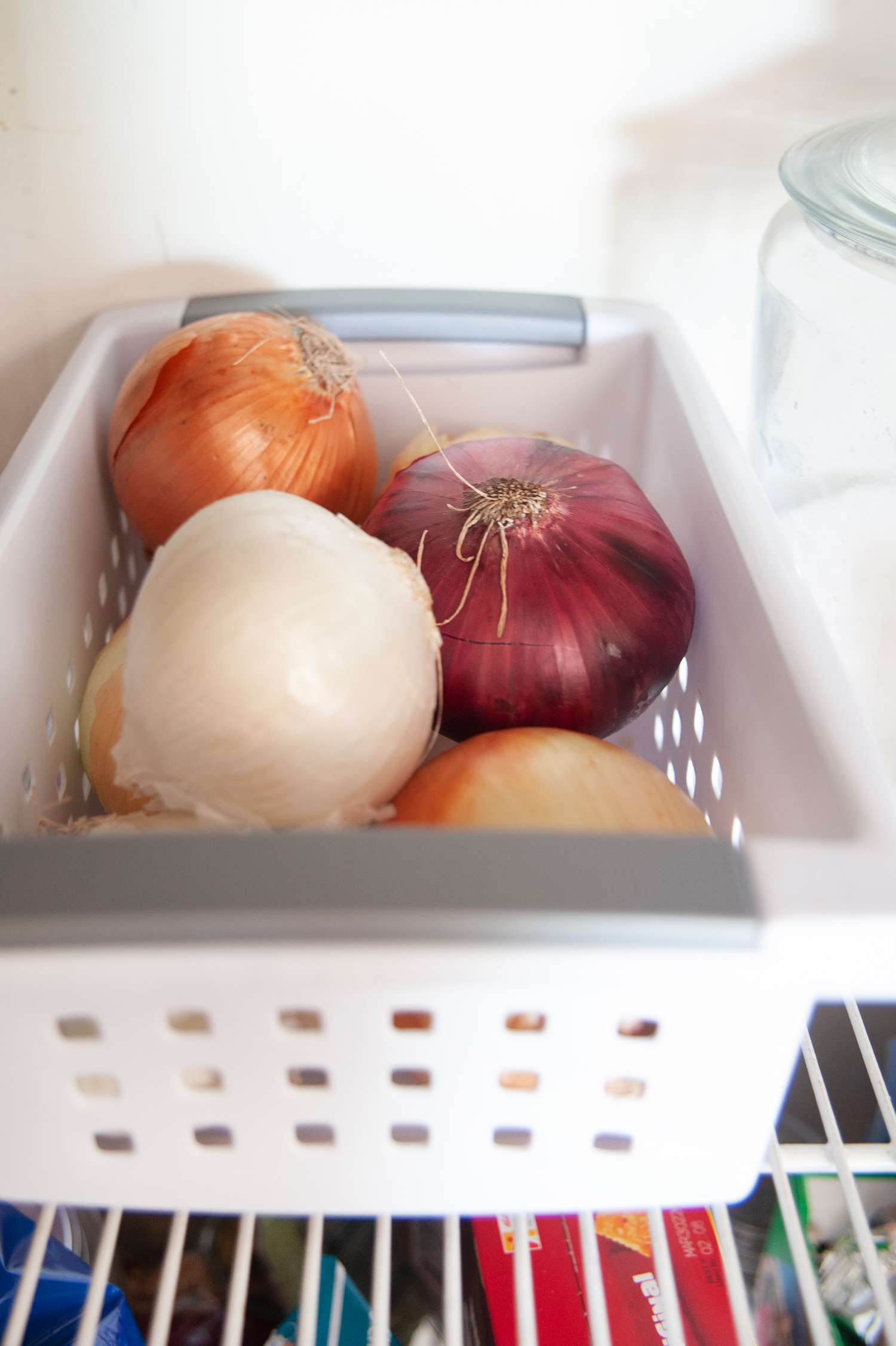 Onions in a white plastic mesh container