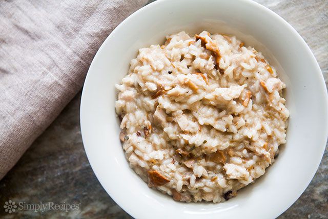 Top shot of turkey mushroom risotto in a bowl ready to serve