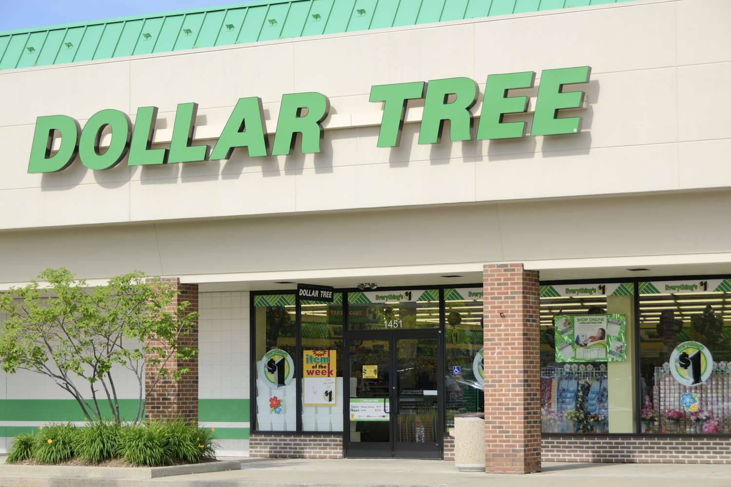 The front entrance of a Dollar Tree store with its logo prominently displayed