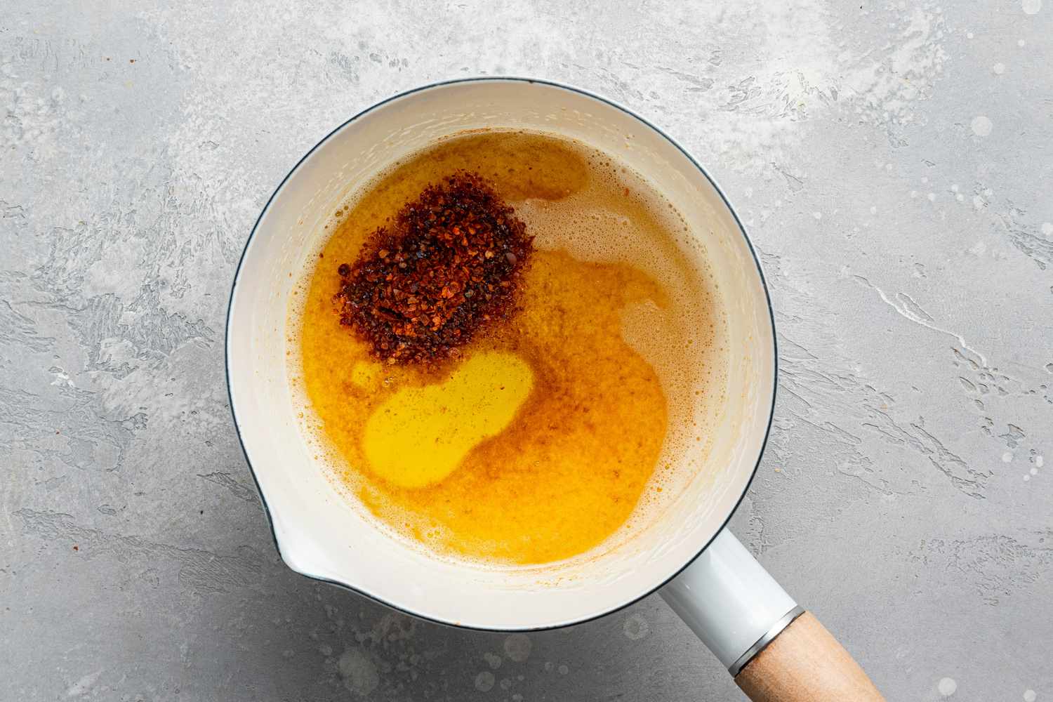 Melted Butter, Aleppo Pepper, and Olive Oil in a Small Sauce Pan for Turkish Lentil Soup