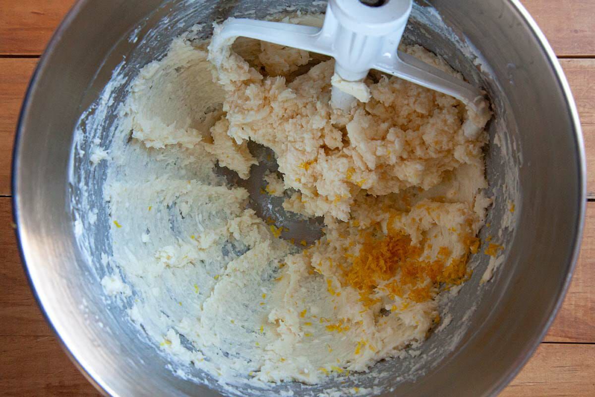Zest added to mixer bowl to show how to make Sugar Cookies.
