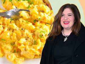 Alex Guarnaschelli headshot next to scrambled eggs with a fork