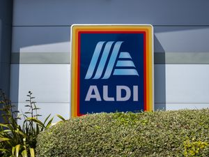 Aldi store sign displayed on a building surrounded by some plants