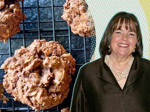 IA split image of peanut butter cookies on the left and Ina Garten on the right