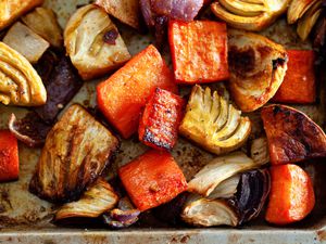 Close-up of a pan of roasted vegetables