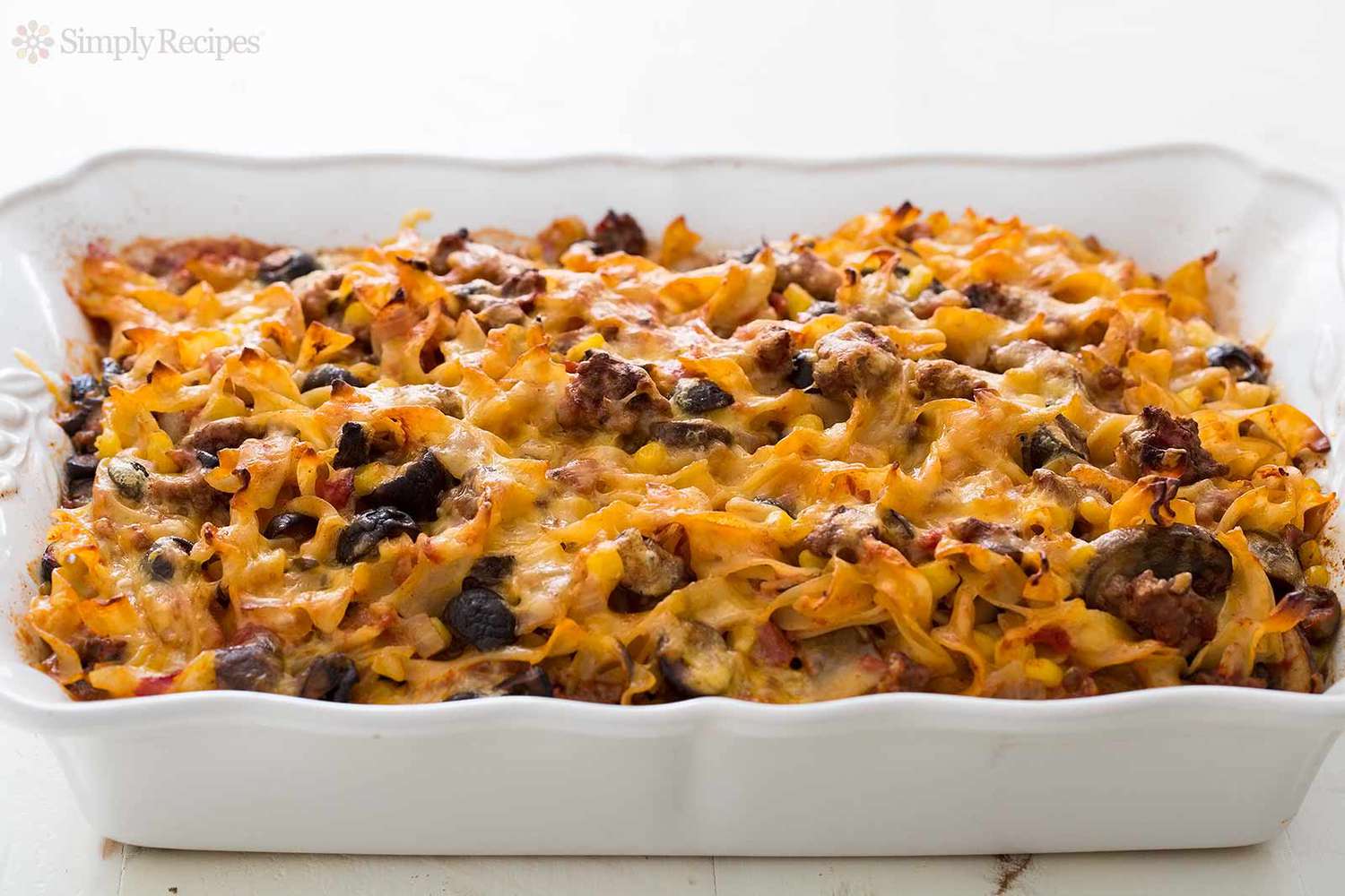 A dish of baked beef noodle casserole
