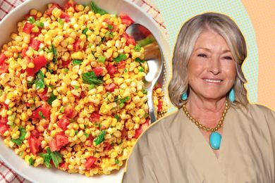 A split image of Martha Stewart and a bowl of corn salad