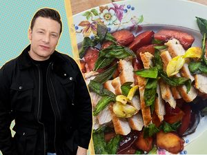 A split image of Jamie Oliver and a plate of pork chops with garnishes