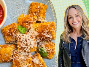 Giada De Laurentiis pictured with a dish of crispy ravioli and marinara sauce