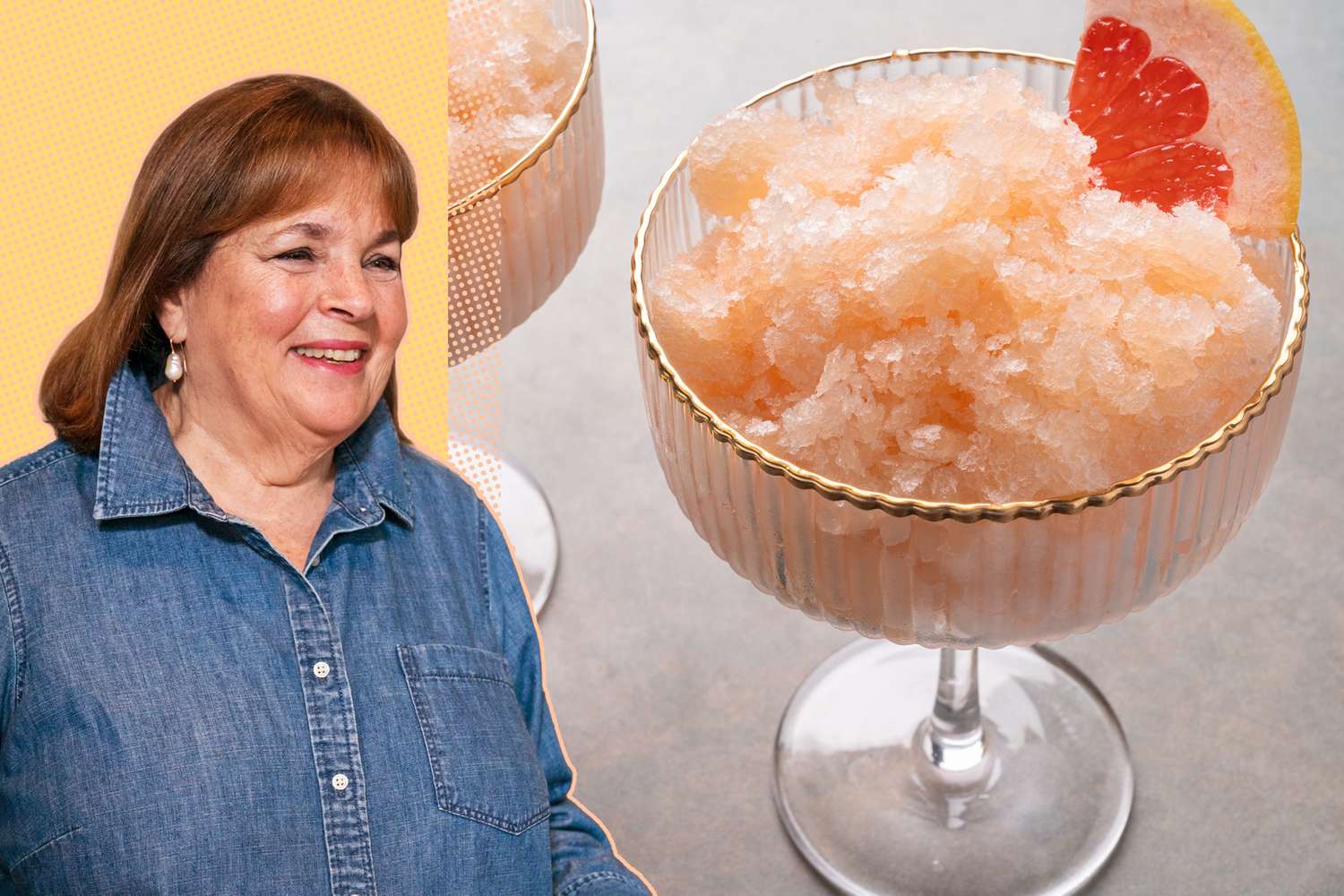 Ina Garten next to a glass of granita topped with a citrus garnish