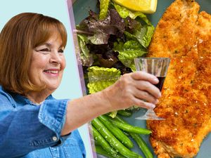 Ina Garten photo cut out over an image of a chicken dish