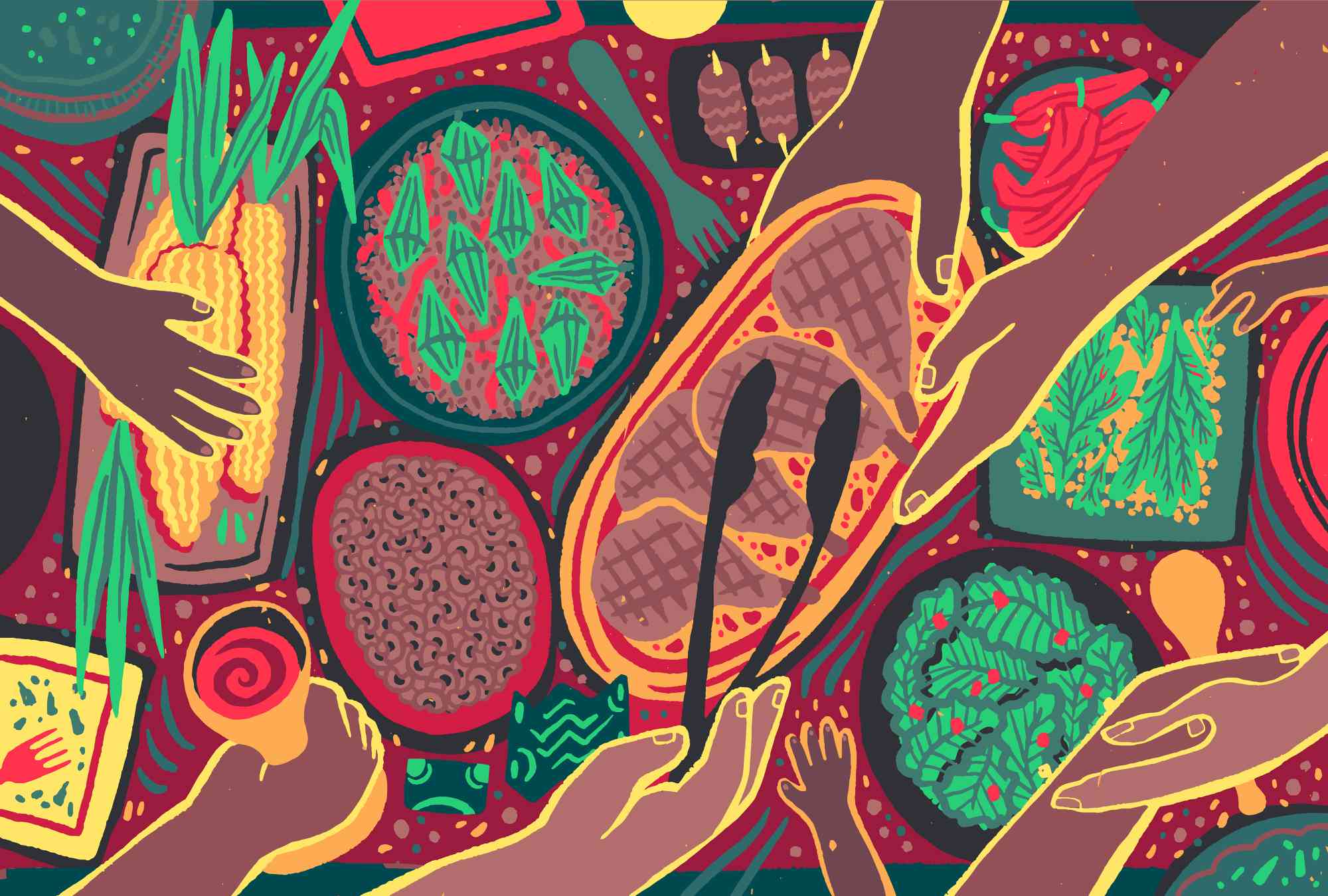 Black hands reaching over a food-laden table showing corn on the cob, black eyed peas, pork chops, greens, and okra
