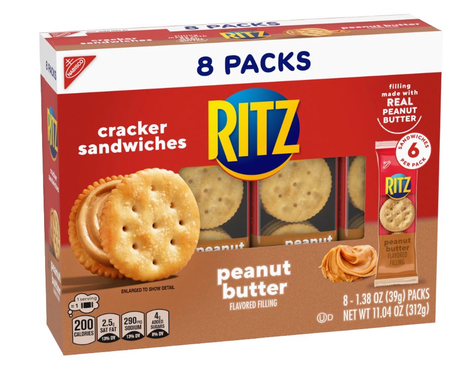Package of Ritz peanut butter flavored cracker sandwiches labeled with 8 packs and nutritional information