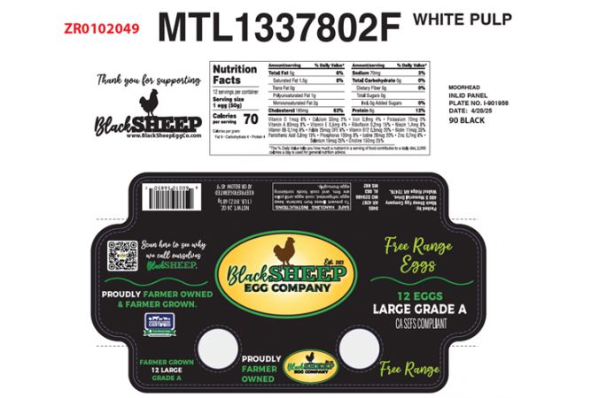 Label for Black Sheep Egg Company freerange eggs carton includes nutritional facts and product branding