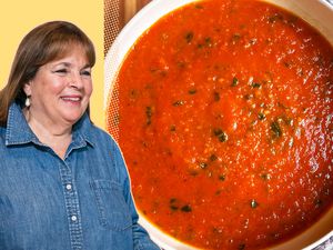 Ina Garten next to a photo of bright red tomato soup