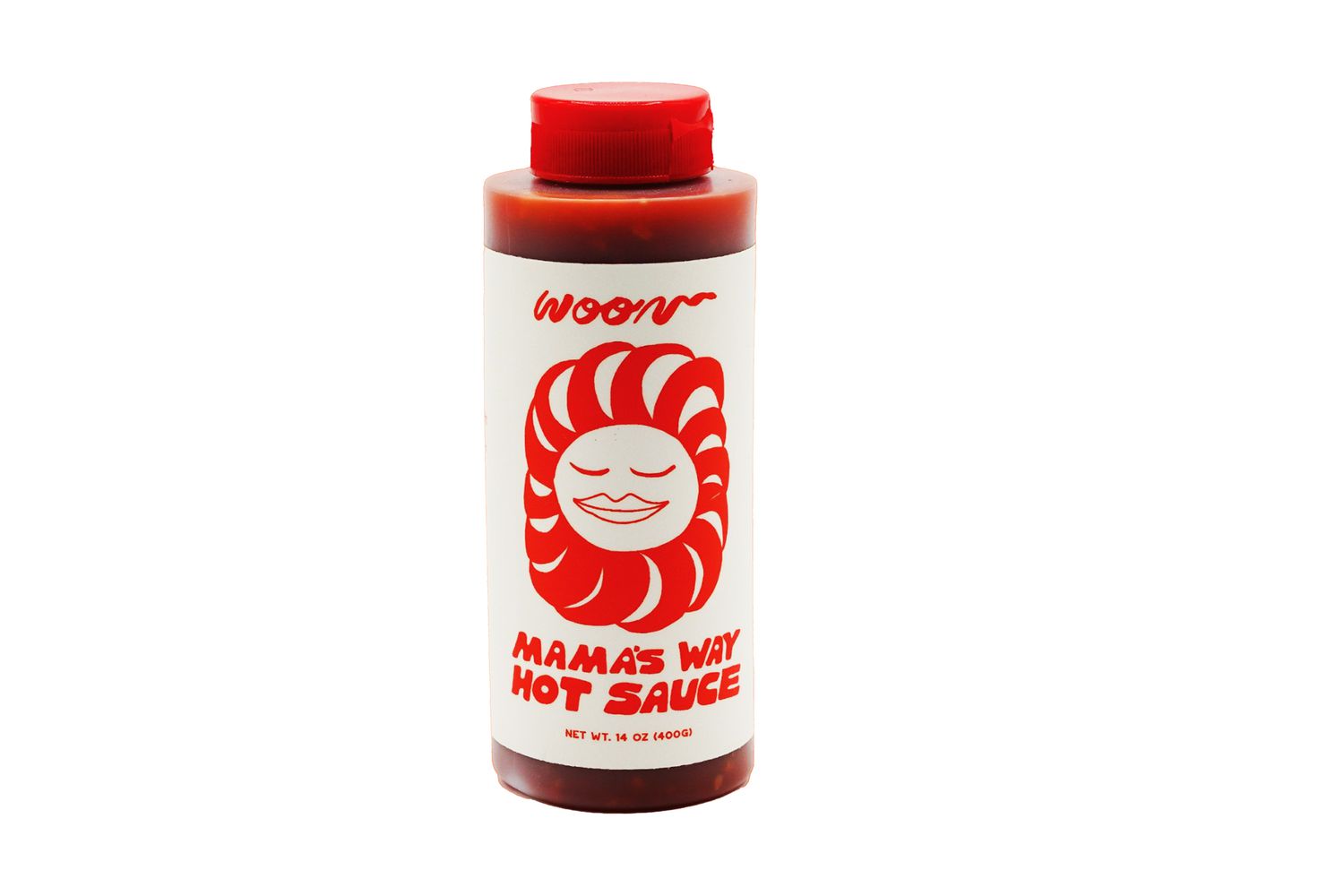 A plastic bottle of Woon Mama's Way hot sauce
