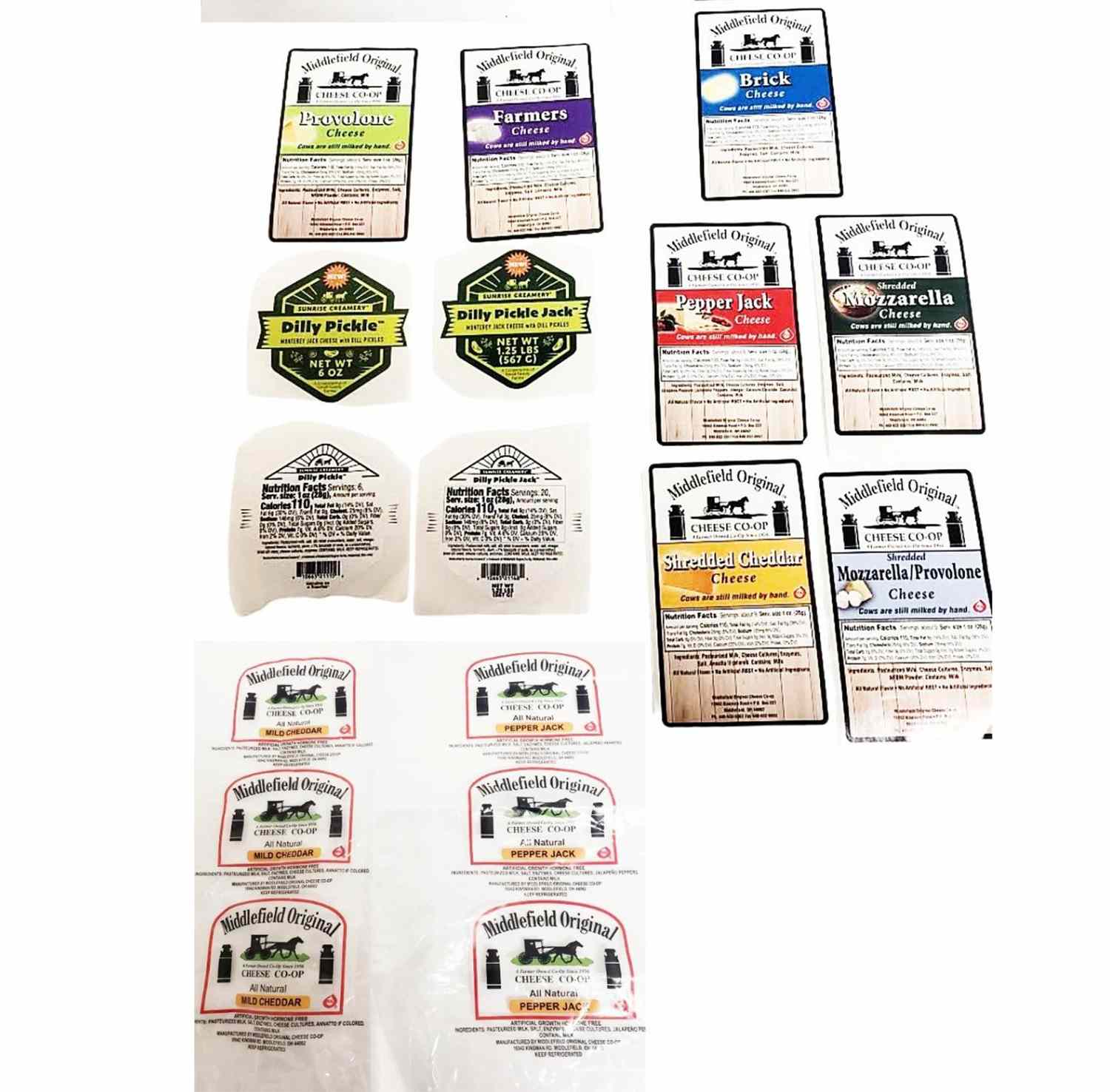 A collection of Middlefield Original Cheese product labels