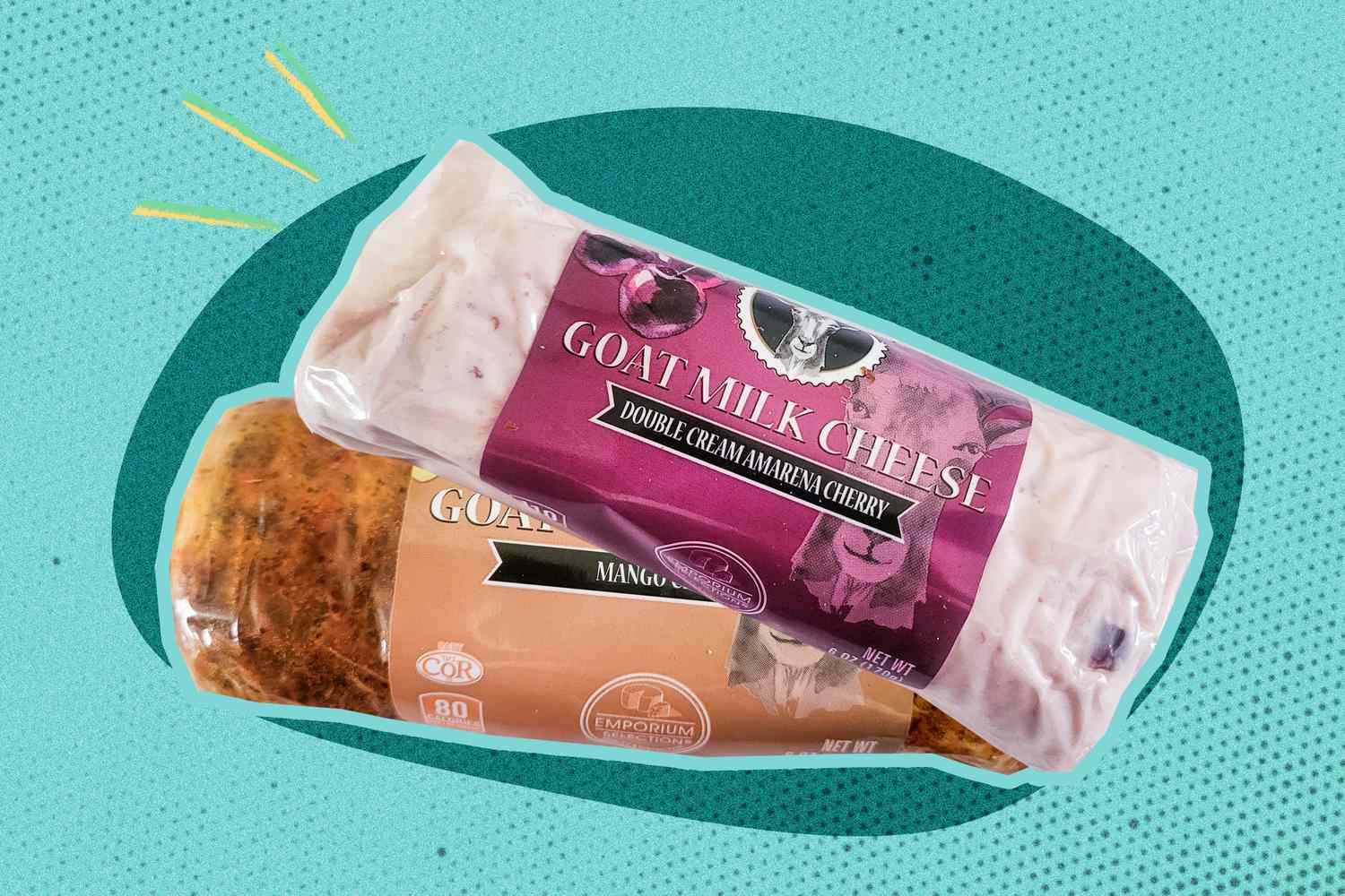 Two logs of goat cheese still in their packaging. One says "Double Cream Amarena Cherry" and the other says "Mango Chili"