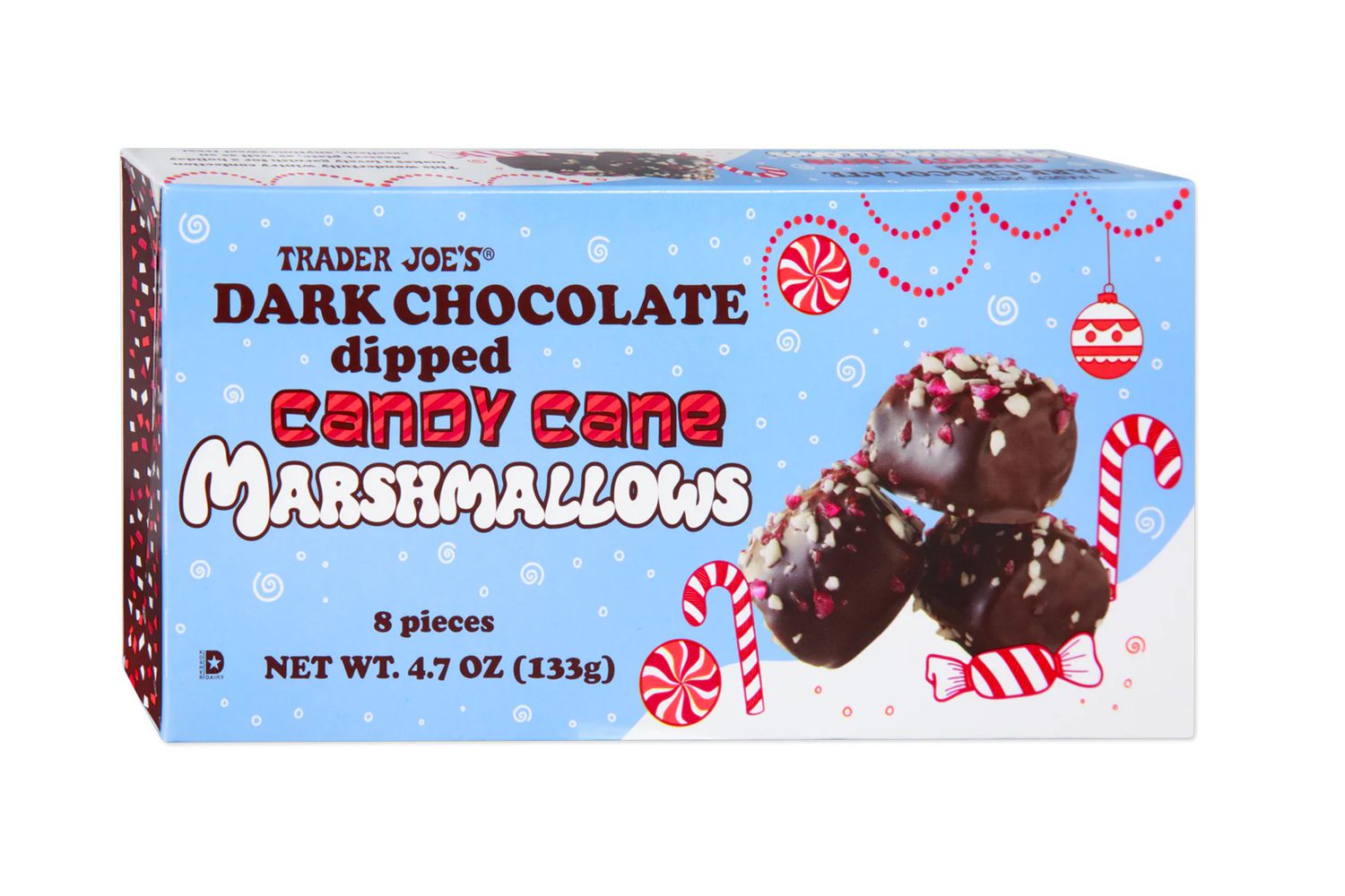 Package of Trader Joe's Dark Chocolate Dipped Candy Cane Marshmallows on a white background