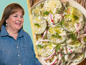 ina garten cut-out over a blue and yellow background next to a photo of cucumber salad
