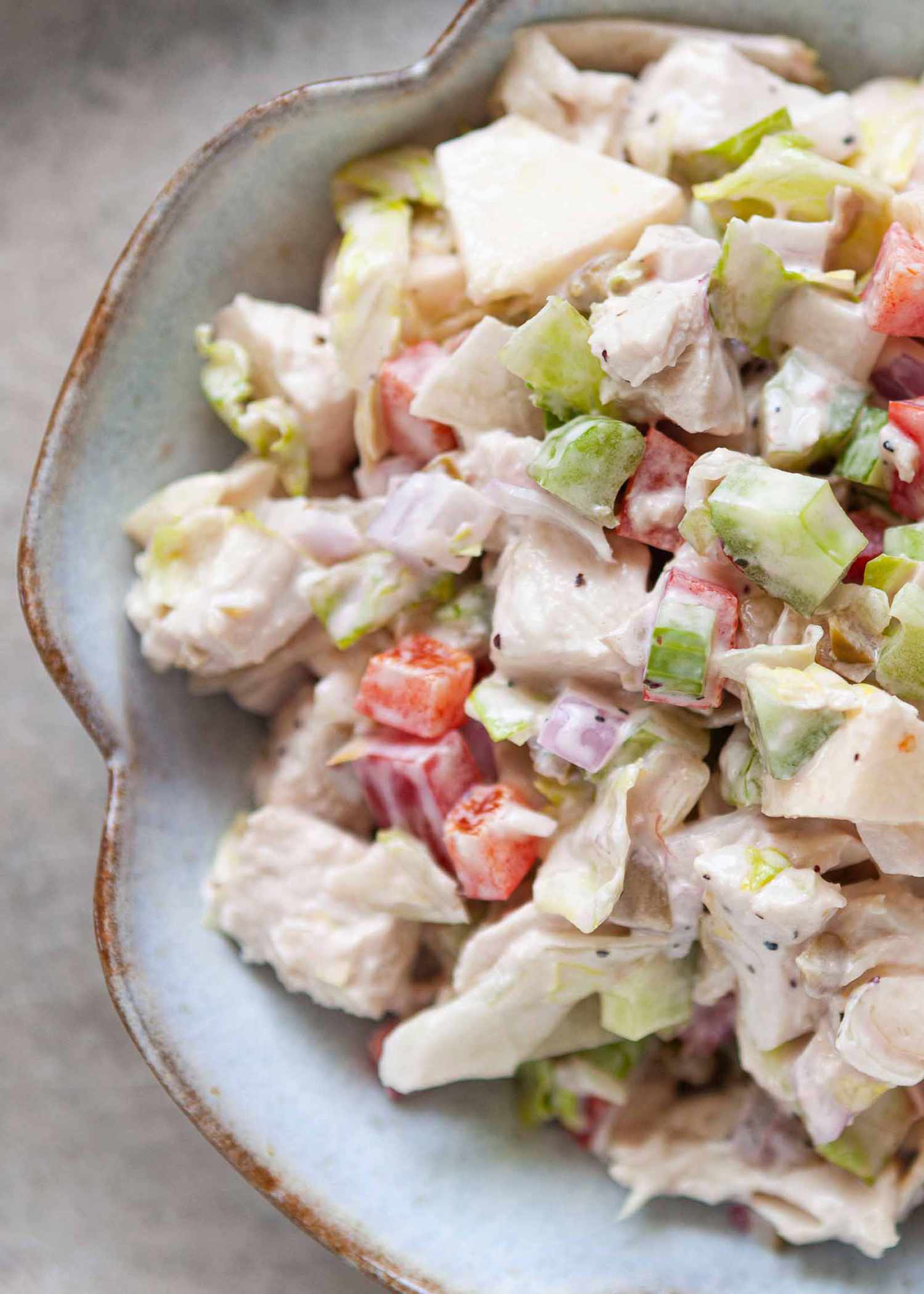 Best Chicken Salad Recipe with a mayo dressing in a light blue bowl