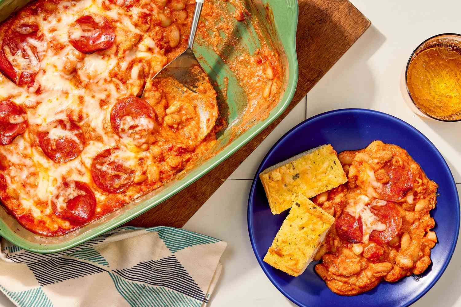 pizza beans in a green casserole