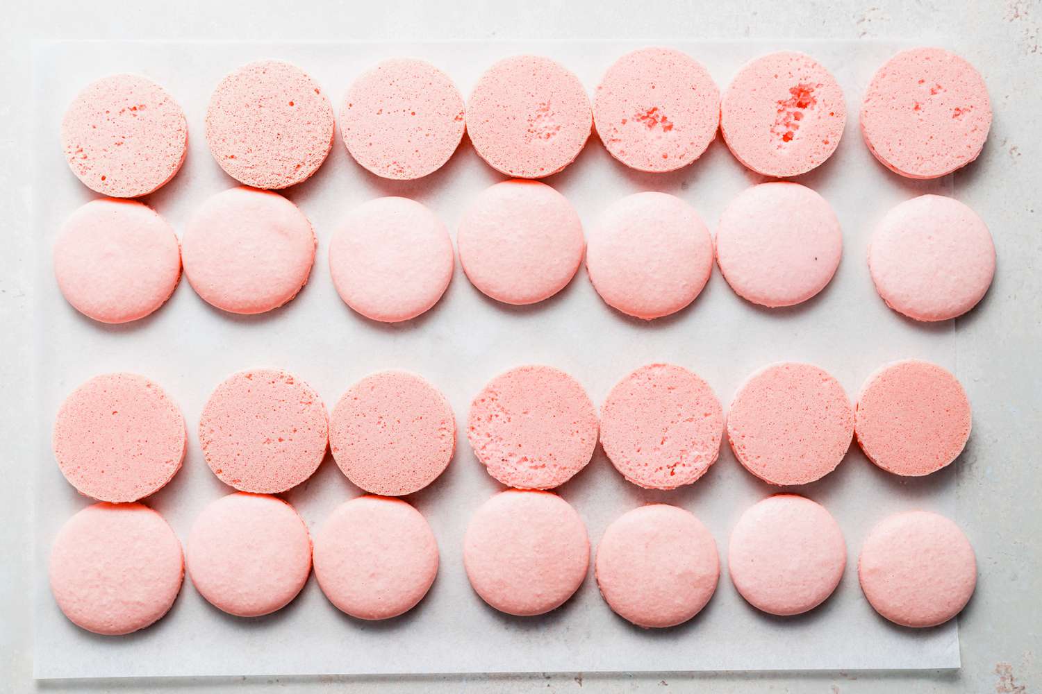 Matching strawberry shells for strawberry macarons.