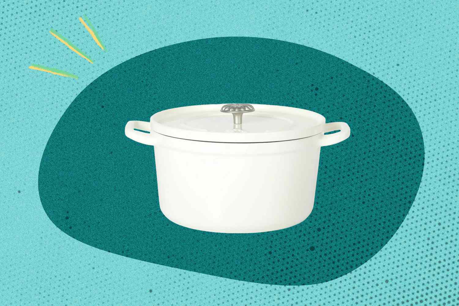 A castiron Dutch oven with handles and a lid set against a decorative background